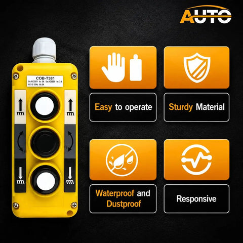 Sturdy Waterproof Industrial Crane Pushbutton Switch Control Box With Three Button Operation featuring yellow metal casing and operation icons.