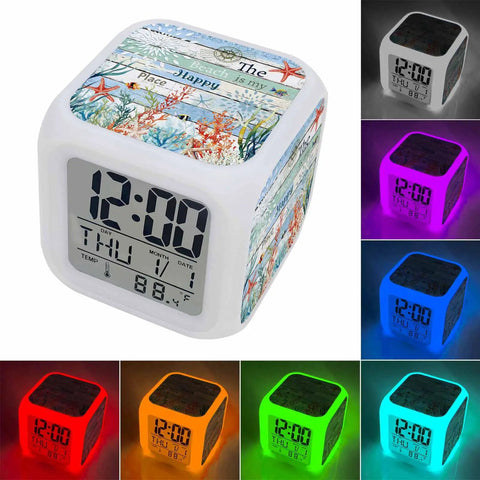 Super Sweet Nautical Alarm Clock With Starfish And Coral Wooden Cube Design Silent Sweep Nightlight in multiple colors, 3.2-inch.