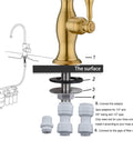 Brushed Gold Drinking Water Faucet For Under Sink RO System, Stainless Steel Filter Faucet installation diagram with connectors.