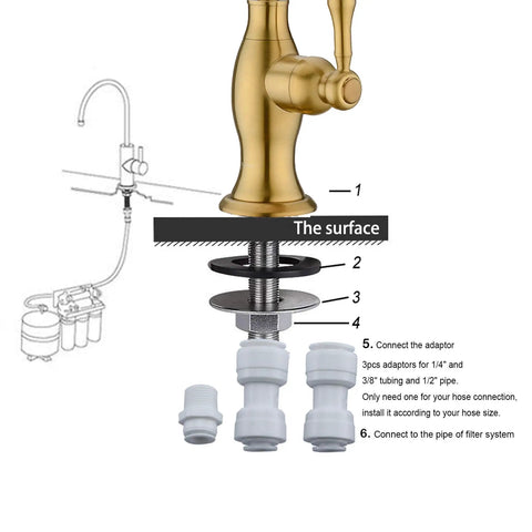 Brushed Gold Drinking Water Faucet For Under Sink RO System, Stainless Steel Filter Faucet installation diagram with connectors.