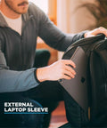 Person placing laptop in external sleeve of Camera Pack 25L With Ladder And Two Small Camera Cubes For DSLR Gear, extra large backpack.