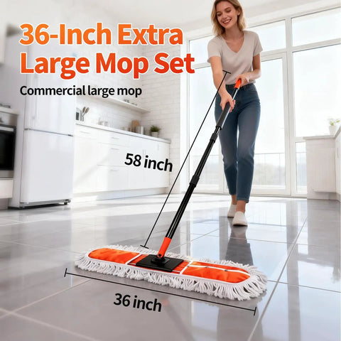 36 Inch Commercial Janitor Broom And Dust Mop Set Heavy Duty Workhorse With Telescopic Pole And Three Pack Cotton Pads No Sweat Cleanup For Tile Concrete And Garage Floors, user mopping floor