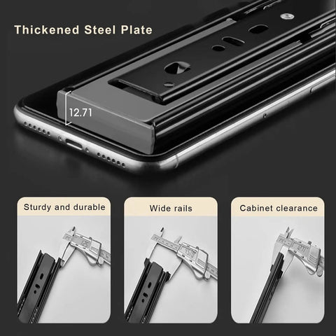 Heavy Duty Soft Close Ball Bearing Drawer Slides Full Extension Side Mount 35 Cm 13.8 Inch Pair black steel plate with measurements