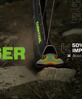 Trail Ready Tire Insert Set With Two Inserts, Two Presta Valves And Rim Stickers, Easy At Home Installation, Keeps Your Ride Smooth And Protected, Fits 33mm To 46mm Mountain Bike And Gravel Tires, Two Pack. Tire insert absorbing impact on rough trail with 'Go Bigger' text.