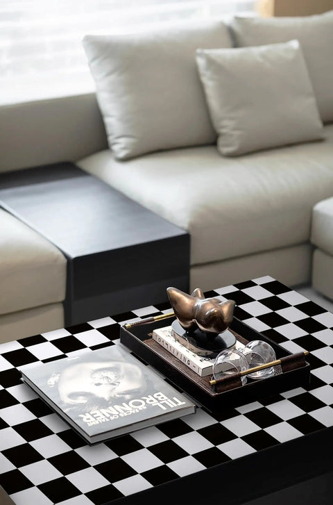 Peel And Stick Mosaic Checkered Black And White Wallpaper Self Adhesive Contact Paper on coffee table