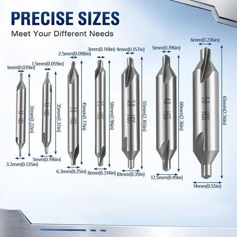 Center Drill Bit Set 7 Piece M2 High Speed Steel 60 Degree Angle Bits For Lathe And Metalworking Countersink Tools, size variety shown