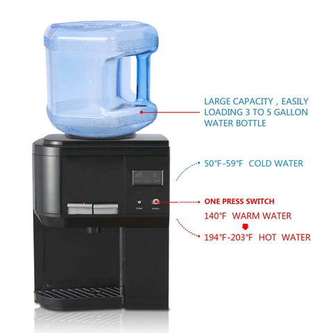 Countertop Hot And Cold Water Dispenser With 3 To 5 Gallons Capacity, Child Safety Lock, Energy Saving Switch shown with a 5-gallon bottle