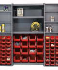Industrial Grade Storage Cabinet With Sixty Four Red Plastic Sort Trays Built Solid As Hell For Busiest Warehouses Plus 270 Degree Swinging Doors And Quick Access Shelves, featuring gray steel body and organized trays.