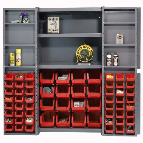 Industrial Grade Storage Cabinet With Sixty Four Red Plastic Sort Trays Built Solid As Hell For Busiest Warehouses Plus 270 Degree Swinging Doors And Quick Access Shelves Handle Inventory Like A Pro, showing organized red plastic trays and gray steel structure.