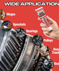 White Lithium Grease All-Purpose Lubricant With Brush for hinges, bearings, gears, and garage doors, shown with various uses.