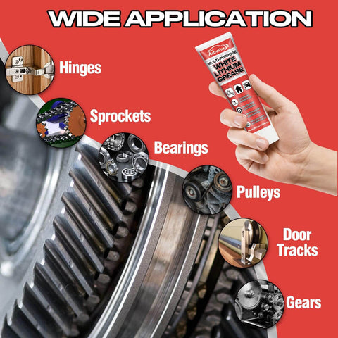 White Lithium Grease All-Purpose Lubricant With Brush for hinges, bearings, gears, and garage doors, shown with various uses.