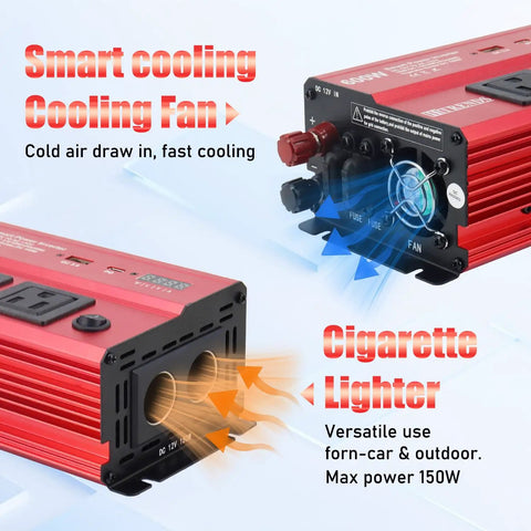 Kickass 600W Car Power Inverter Converts 12V DC To 110V AC With PD 30W USB C Port And Dual AC Plugs side view, features cooling fan and lighter outlet.