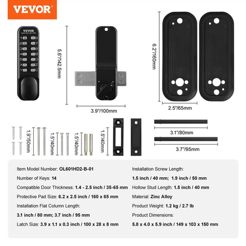 Rugged Mechanical Keyless Entry Lock With 14-Digit Keypad For Outdoor Gates And Garages, Waterproof Zinc Alloy Build, Battery-Free Operation, Zero-Hassle Assembly, Heavy-Duty Security For Sheds And Yards installation parts and dimensions