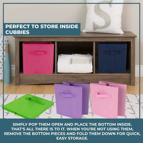 Eight Pack 11 Inch Rainbow Cube Storage Bins for playroom displayed in wooden shelf with extra bins on floor.