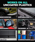 Carfidant Plastic Restorer collage; uses on bumper trim, wiper arms, mirror housing, car interior surfaces.
