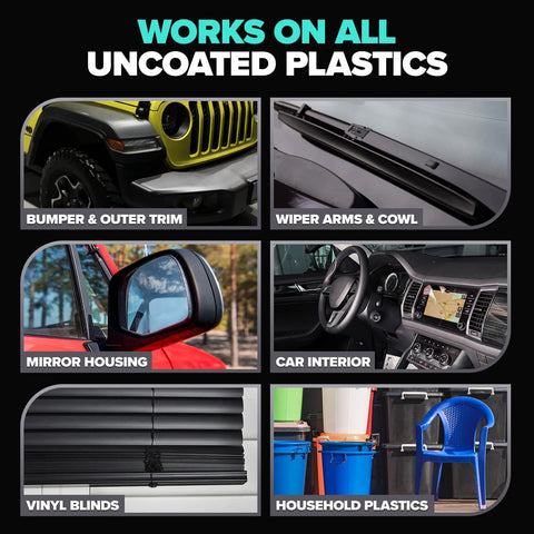 Carfidant Plastic Restorer collage; uses on bumper trim, wiper arms, mirror housing, car interior surfaces.