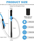 Heavy Duty No Sweat Portable Battery Operated Electric Siphon Pump With Adjustable Flow Control 2.2 GPM, 33.9 inch hose and dimensions shown.