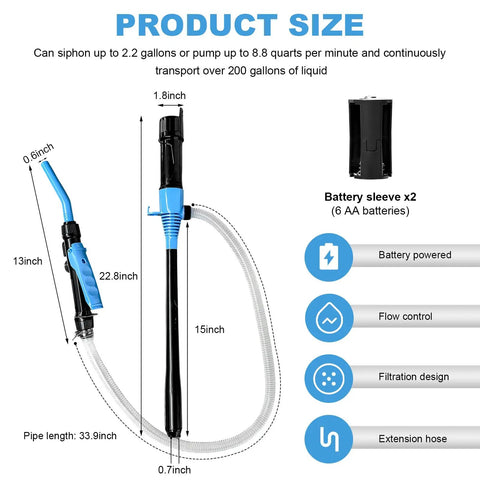 Heavy Duty No Sweat Portable Battery Operated Electric Siphon Pump With Adjustable Flow Control 2.2 GPM, 33.9 inch hose and dimensions shown.