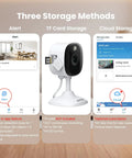 2K Indoor Outdoor Security Camera System For Pets And Family Color Night Vision White Light Siren 24 Seven SD Recording Alexa Compatible Plug In C1 White 2 Pack 2 4GHz displayed with storage options.