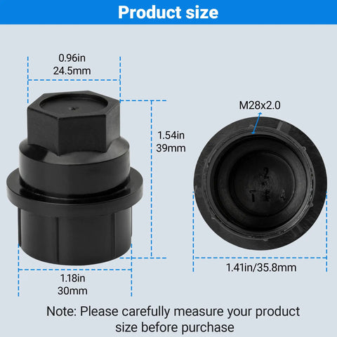 Diagram showing size dimensions of 24 Pcs Lug Nut Covers Wheel Center Caps Set Fits Cadillac Escalade Chevrolet Avalanche Tahoe GMC Savana Yukon Vans.