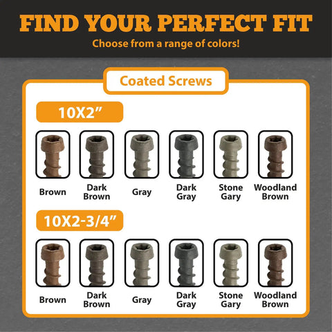Premium Coated Composite Deck Screws Size 10 X 2-3/4 Inch colors including Stone Gray shown in a variety of options.