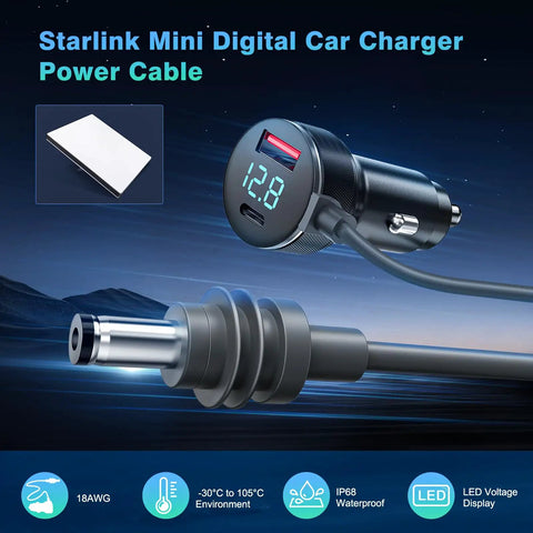 Gotta Have This Heavy Duty 3 In 1 Starlink Mini Car Charger With 10 Foot Waterproof Dc Cable And Dual Rapid Usbc Usba Fast Charging Adapter For Rv Trips, showing LED display and charging ports.