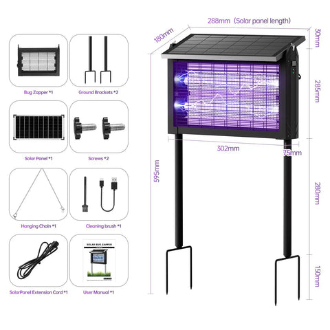 Rechargeable Solar Powered Mosquito Zapper With 4500V High Voltage, featuring 15W solar panel and accessories, waterproof design