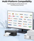 Bluetooth Thermal Label Printer For 4x6 Shipping Labels With Dual USB And Bluetooth Connectivity Compatible With iOS Android Windows Mac Your Go To Tool For Amazon eBay Shopify USPS UPS Etsy Small Business on desk with monitor showing logos of compatible platforms.