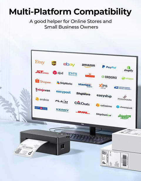 Bluetooth Thermal Label Printer For 4x6 Shipping Labels With Dual USB And Bluetooth Connectivity Compatible With iOS Android Windows Mac Your Go To Tool For Amazon eBay Shopify USPS UPS Etsy Small Business on desk with monitor showing logos of compatible platforms.