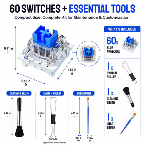 Blue Mechanical Keyboard Switches 60 Pack For Replacement And Testing 3 Pin Design Compatible With 5 Pin Layout Great For DIY Builds 3D Print Projects Mods And Spare Key Switches, with tools