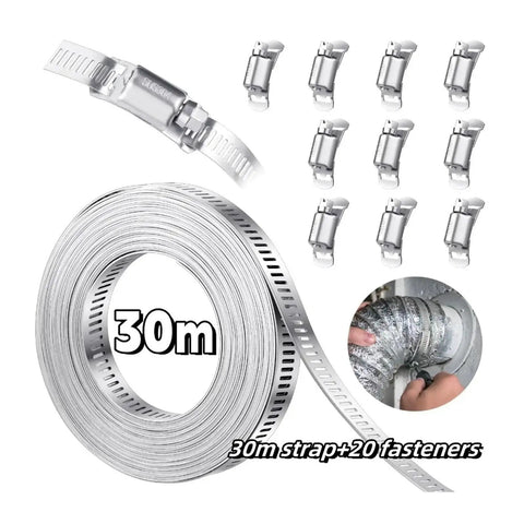 Heavy Duty 12 Inch Adjustable Stainless Steel Hose Clamps Tool Kit With Cut To Fit Metal Straps And Super Strong Worm Gear Fasteners For Auto Home Repair Projects, 30m strap and fasteners