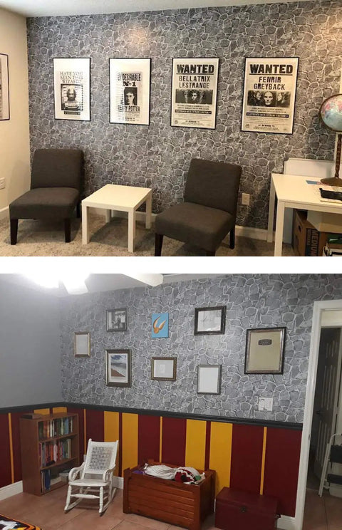 Dark Grey Castle Stone Peel And Stick Wallpaper Roll 20m in a living room with framed posters and chairs, showcasing rock texture.