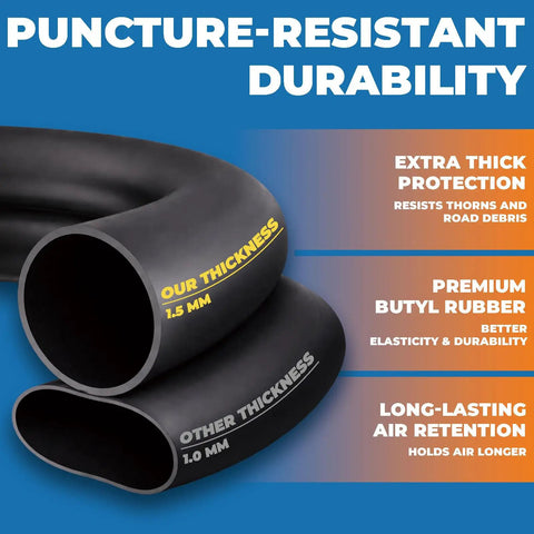 Close-up of two bike inner tubes highlighting thickness and durability, 1 Pack 700x35C To 700x43C Bike Inner Tube With 48mm Schrader Valve.