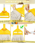 Installation guide for 60 Inch Heavy Duty Mop Handle Featuring Upgraded Loop End Clamp And Smooth Grip with step-by-step visuals.