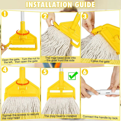 Installation guide for 60 Inch Heavy Duty Mop Handle Featuring Upgraded Loop End Clamp And Smooth Grip with step-by-step visuals.