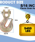 Four Pack Five Sixteenth Inch Heavy Duty Chain Hook Set With Grade 70 Forged Steel Clevis Grab Hooks For Transport Chain Tow And Trailer Use 5400 Lbs Working Load Limit Zinc Plated Yellow Chromate Finish Durable Truck Trailer Hooks with size dimensions