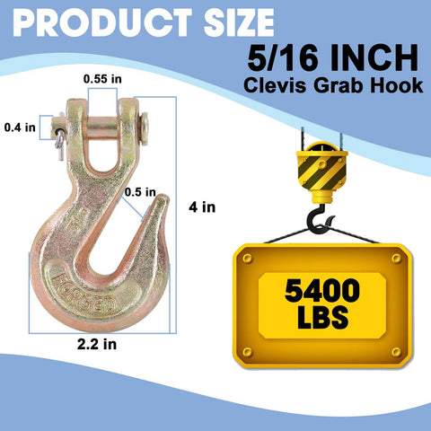 Four Pack Five Sixteenth Inch Heavy Duty Chain Hook Set With Grade 70 Forged Steel Clevis Grab Hooks For Transport Chain Tow And Trailer Use 5400 Lbs Working Load Limit Zinc Plated Yellow Chromate Finish Durable Truck Trailer Hooks with size dimensions