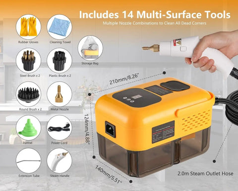 Handheld Steam Cleaner With 2500W High Pressure For Deep Cleaning Floors Kitchen Tile And Bathroom Grout Includes 14 Accessories, showing attachments and steam handle.