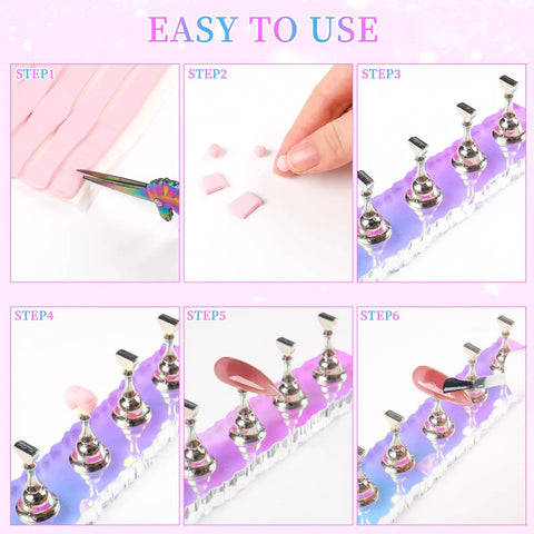 Step-by-step use of 2 Piece Aurora Nail Stand Set for Painting Nails, Magnetic Nail Holder Display with removable tapes.