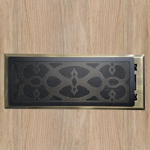 Magnetic Floor Register Vent Cover 4x10 Inch Screen Mesh installed on wooden floor, black mesh on iron frame