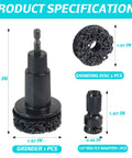 Wheel Hub Resurfacing Kit with rust busting tool, durable black steel grinding discs, showing dimensions and components.