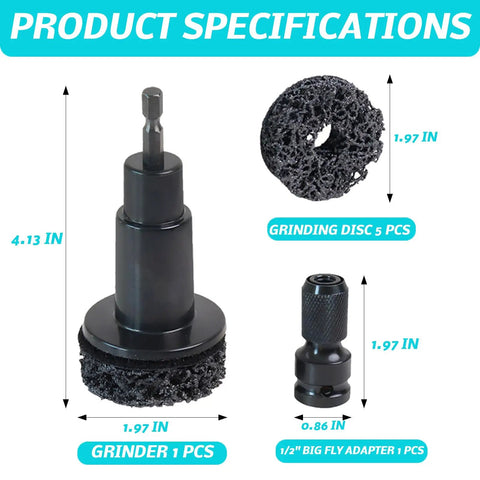 Wheel Hub Resurfacing Kit with rust busting tool, durable black steel grinding discs, showing dimensions and components.