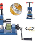 Heavy Duty Manual Ring Bending Press Machine, Rock Solid Jewelry Rolling Mill For Custom Bands And Cuffs, blue metal tool with red knobs.