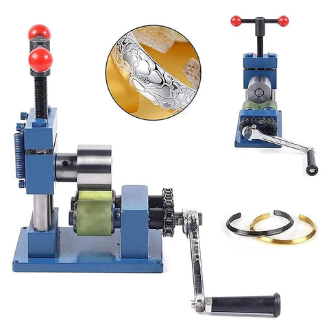 Heavy Duty Manual Ring Bending Press Machine, Rock Solid Jewelry Rolling Mill For Custom Bands And Cuffs, blue metal tool with red knobs.