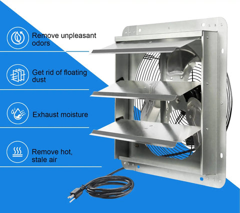 14 Inch Automatic Shutter Exhaust Fan With Power Cord 1950 CFM Aluminum Wall Mount Attic Ventilation in use