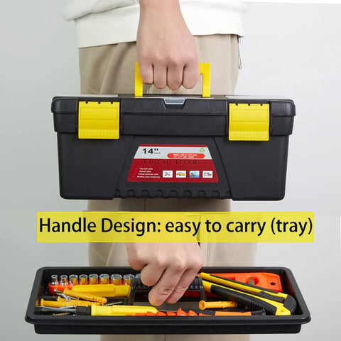 Four Piece Portable Toolbox Set With Built In Latch Tray And Magnetic Wristband For Home And Pro Repairs, 14-inch size