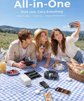 Two women and a man enjoying a picnic with the No Fuss Ultra Compact 15000 Mah Portable Charger With Built In Cables.