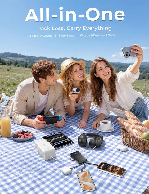 Two women and a man enjoying a picnic with the No Fuss Ultra Compact 15000 Mah Portable Charger With Built In Cables.