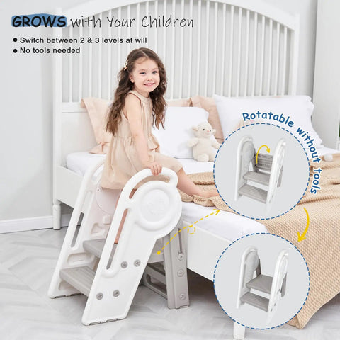 Hassle Free Three Step Bathroom Stool For Toddlers With Adjustable Handlebars Built Tough And Foldable Includes Faucet Extender Top Notch Design For Daily Sink Tasks And Quick Potty Training Sessions, girl using adjustable stool.