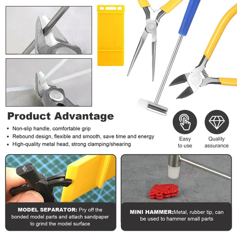 Close-up of 101-Piece Gundam Model Tools Kit showing precision nippers, tweezers, and mini hammer for building and repairing models.